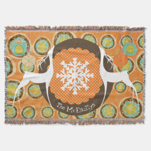 Deer, Snowflake Orbs, and Ornaments Holiday Throw Blanket