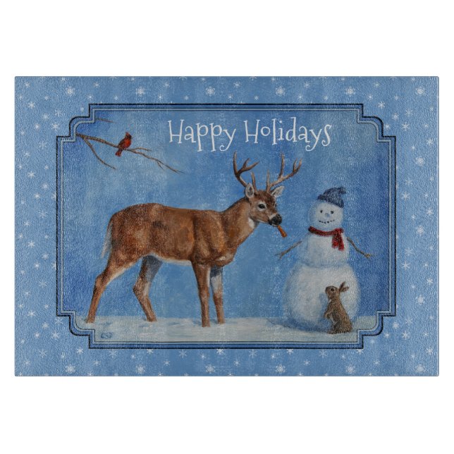 Deer & Snowman Christmas Snowflakes Cutting Board (Front)