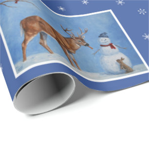 Deer & Snowman Christmas Snowflakes Wrapping Paper