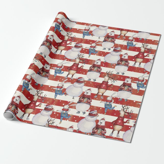 Deer Snowman Rabbit Bear Christmas Holiday Gift Wrapping Paper (Unrolled)