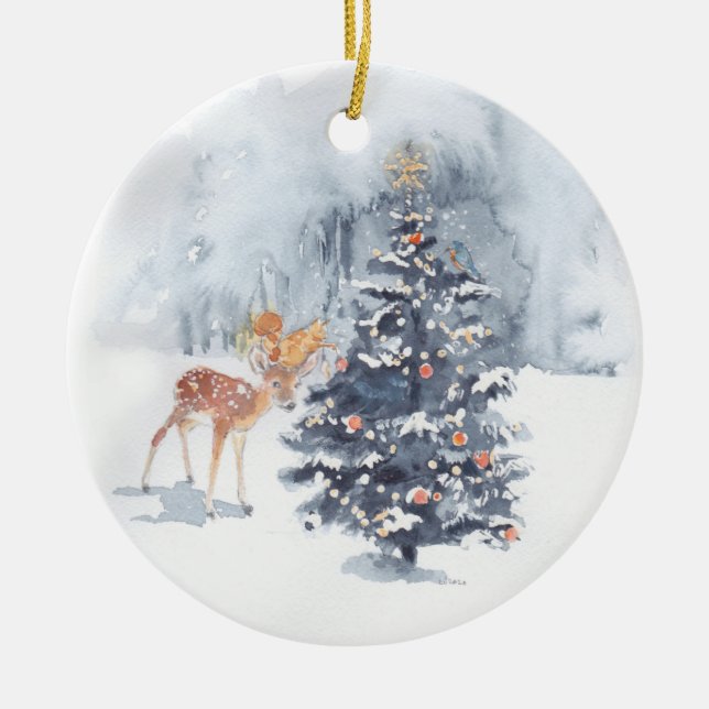 Deer & Squirrel Decorate Ceramic Ornament (Front)