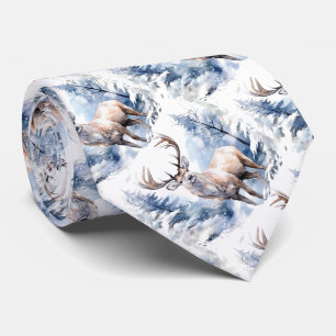 Deer Stag Blue Snowy Night Watercolor Tie