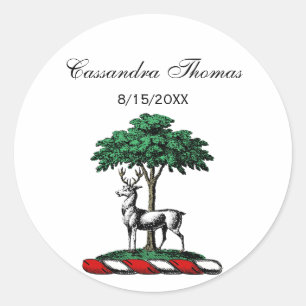 Deer Stag by Tree Heraldic Crest Emblem Classic Round Sticker