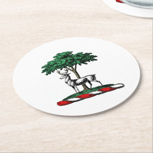 Deer Stag by Tree Heraldic Crest Emblem Round Paper Coaster