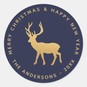Deer Stag Christmas Navy Blue Elegant Faux Gold Classic Round Sticker