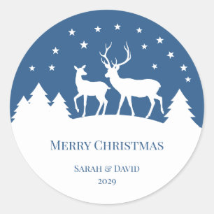 Deer Stag & Doe Blue White Christmas  Classic Round Sticker