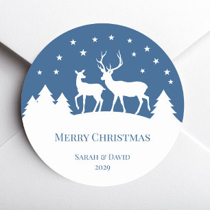 Deer Stag & Doe Blue White Christmas Classic Round Sticker
