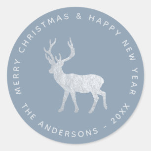 Deer Stag Dusty Blue Faux Silver Elegant Christmas Classic Round Sticker