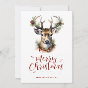 Deer Stag Holly Snow Watercolor Christmas Card