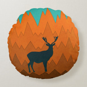 Deer Stag silhouette Autumn fall Colourful Abstrac Round Cushion