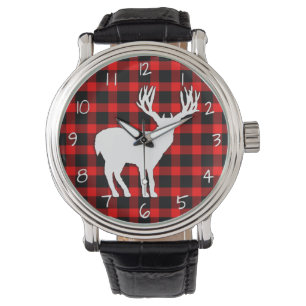 Deer Stag Silhouette on Red Black Plaid Watch