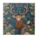 Deer Stag William Morris style Left Facing Tile<br><div class="desc">"country classic art nouveau", "deer stag with antlers", "sage green woodland animals", "british william morris ceramic tile", "leafy woods dark navy blue", "forest tree leaf leaves antique", "vintage red wildflowers", "wildlife english garden animal", "nature floral flower botanical", "left facing traditional flowers"</div>