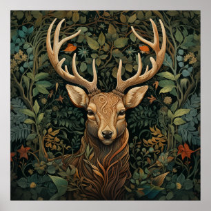 Deer Stag with Antlers in Magic Forest Poster