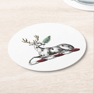 Deer Stag with Fern Heraldic Crest Emblem Round Paper Coaster