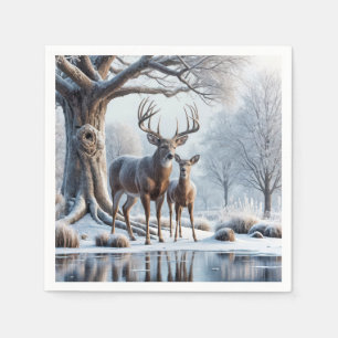 Deer Standing By Icy Pond Napkin