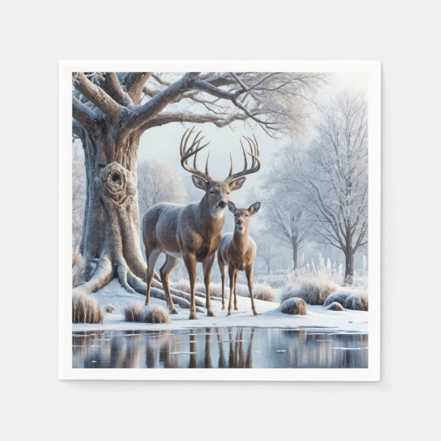 Deer Standing By Icy Pond Napkin (Front)