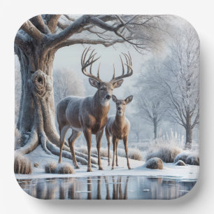 Deer Standing By Icy Pond Paper Plate
