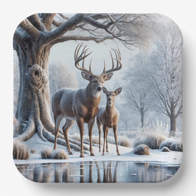 Deer Standing By Icy Pond Paper Plate (Front)