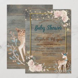 Deer String Lights,Wood Floral Baby Shower   Invitation