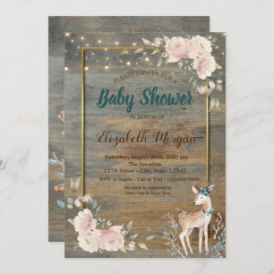 Deer String Lights,Wood Floral Baby Shower Invitation