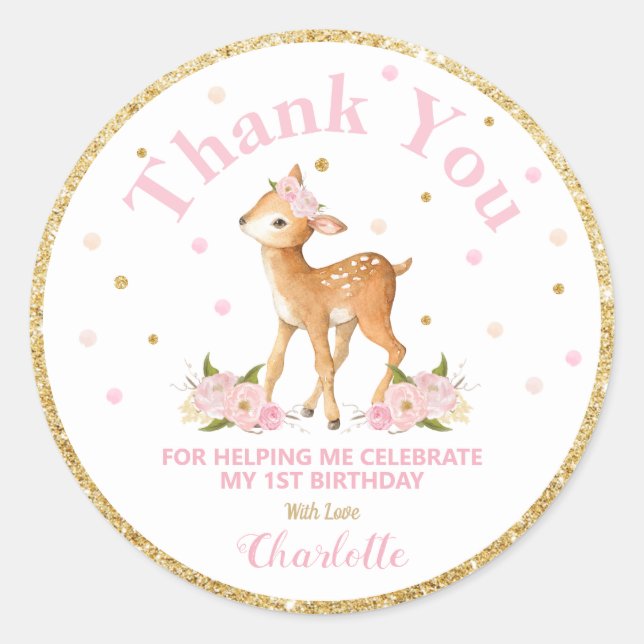 Deer Thank You Sticker Labels Birthday Favours (Front)