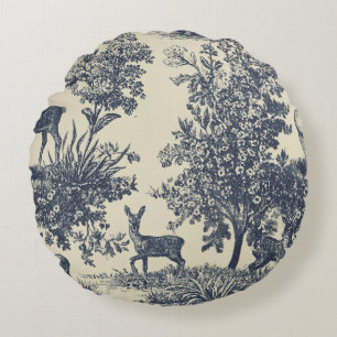 Deer Toile Pattern Woodland Scenic Botanical Round Cushion