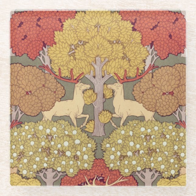 Deer &Tree,Squirrel,Bird,Rowan Berries Art Nouveau Glass Coaster (Front)