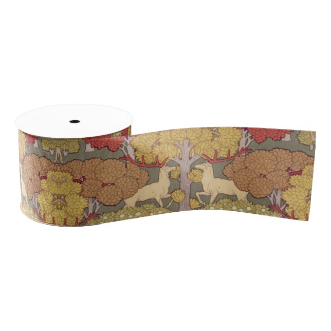 Deer &Tree Squirrel Bird Rowan Berries Art Nouveau Grosgrain Ribbon (Spool)