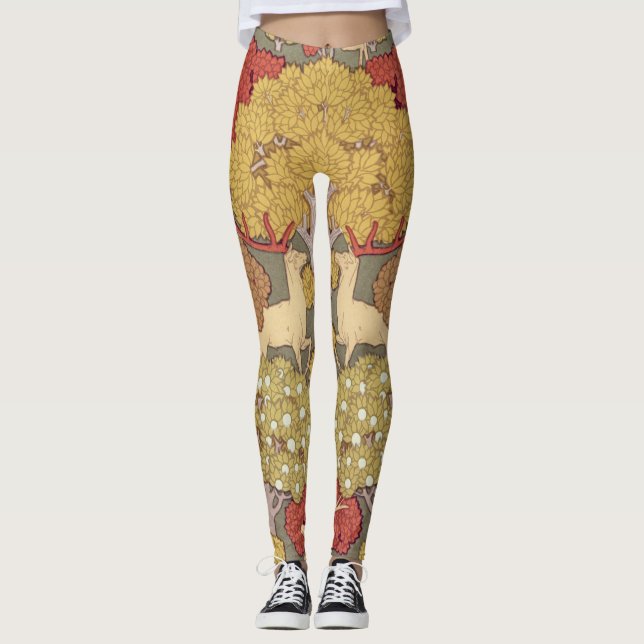 Deer &Tree Squirrel Bird Rowan Berries Art Nouveau Leggings (Front)