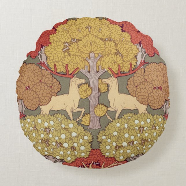 Deer &Tree,Squirrel,Bird,Rowan Berries Art Nouveau Round Cushion (Front)