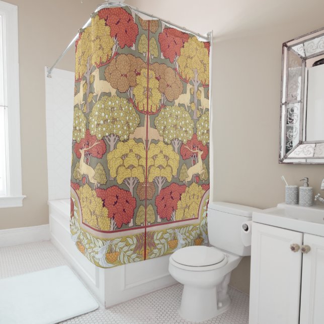 Deer &Tree Squirrel Bird Rowan Berries Art Nouveau Shower Curtain (In Situ)