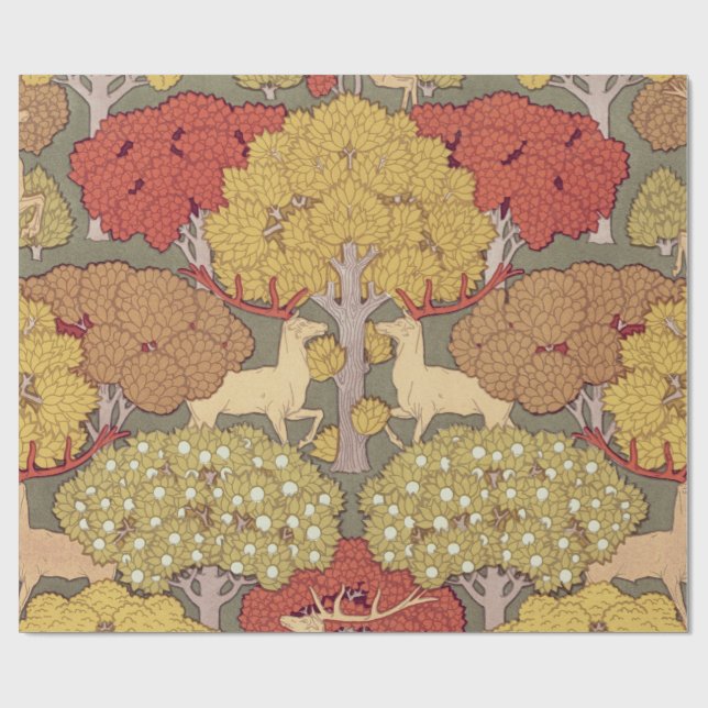 Deer &Tree Squirrel Bird Rowan Berries Art Nouveau Wrapping Paper (Flat)