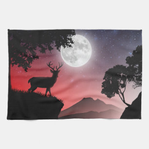 Deer under the Red Moon Tea Towel