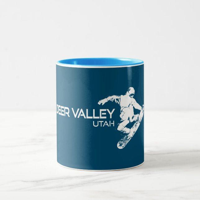 Deer Valley Utah Snowboarder Two-Tone Coffee Mug (Center)