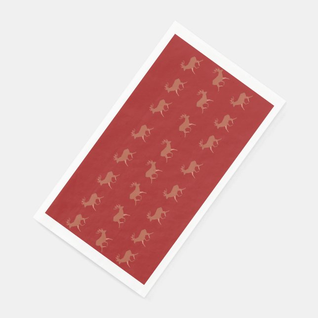Deer Walking Festive Pattern Red Brown Background Napkin (Corner)