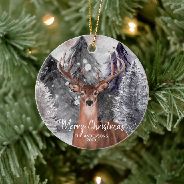 Deer Watercolor Buck in Forest Christmas Ornament (Tree)
