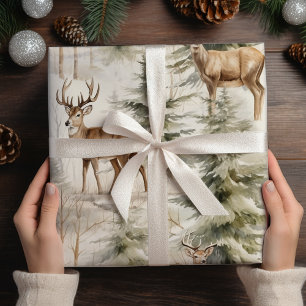 Deer Watercolor  Sage Green Winter Forest Wrapping Paper Sheet