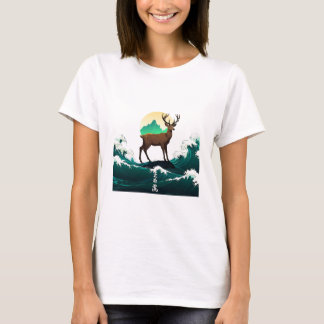 Deer Wave Art - Ukiyo-e Moonlight Design T-Shirt