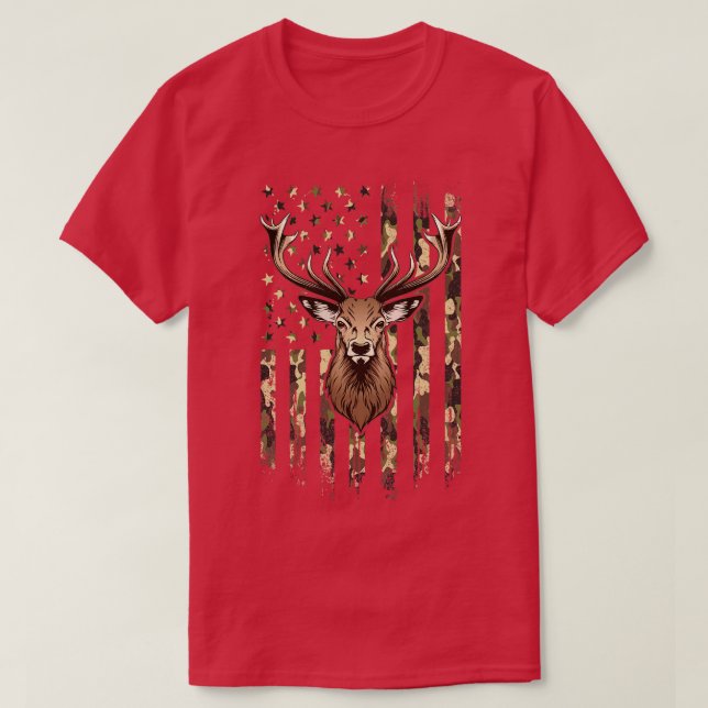 Deer Whitetail Buck American Camo US Flag Deer Hun T-Shirt (Design Front)