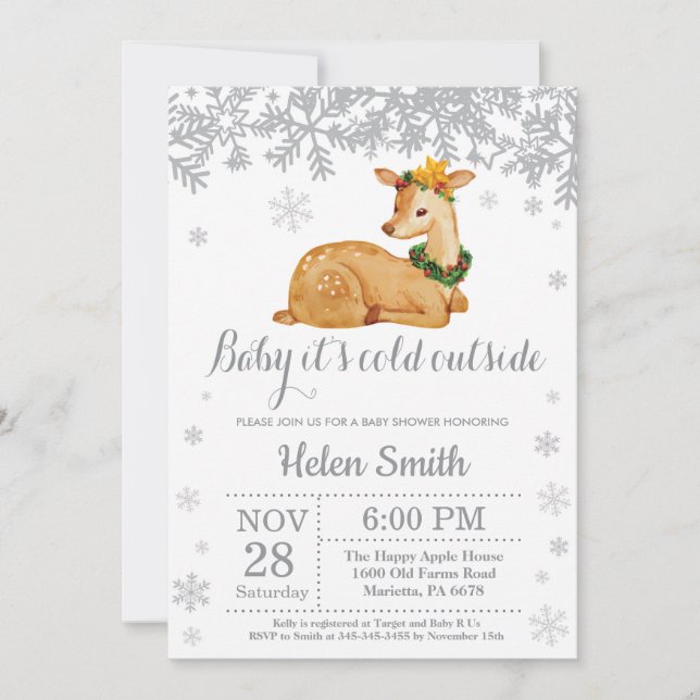 Deer Winter Baby Shower Snowflake Invitation (Front)