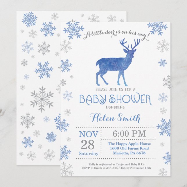 Deer Winter Blue Boy Baby Shower Snowflake Invitation (Front/Back)
