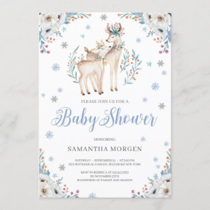 Deer Winter Blue Floral Silver rustic baby shower Invitation