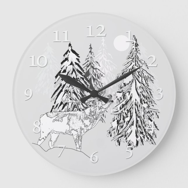 Deer , winter, forest, Christmas trees, monochrome Large Clock (Front)