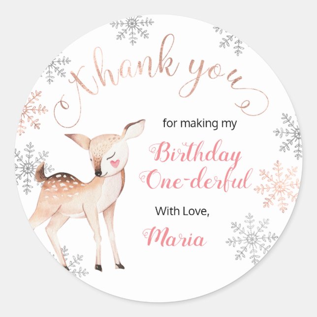 Deer Winter ONEderland Birthday Thank You Sticker (Front)