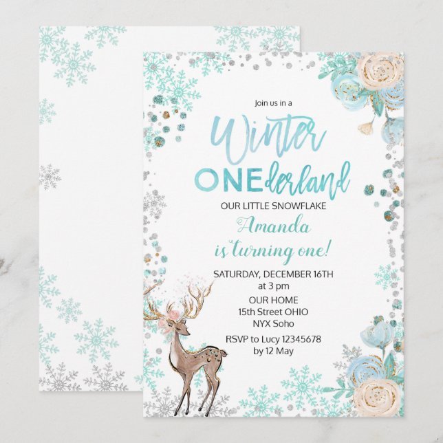 Deer Winter ONEderland Snow Birthday Invite Mint (Front/Back)