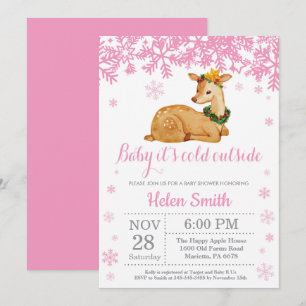 Deer Winter Pink Girl Baby Shower Snowflake Invitation