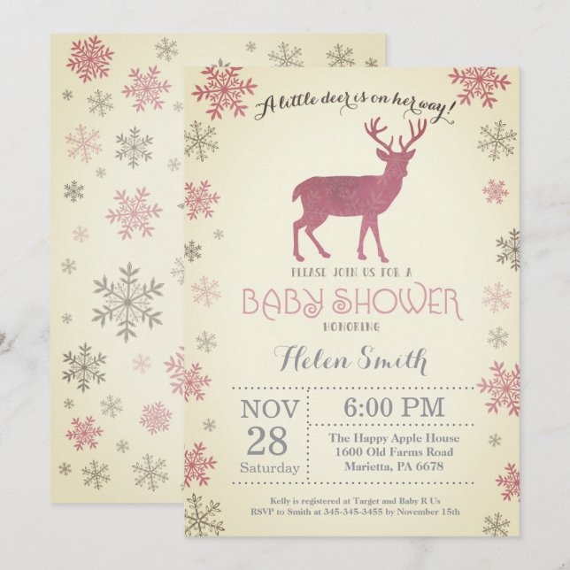Deer Winter Pink Girl Baby Shower Snowflake Invitation (Front/Back)