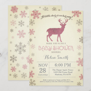 Deer Winter Pink Girl Baby Shower Snowflake Invitation