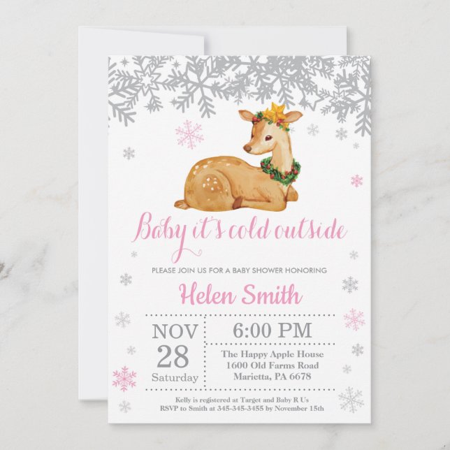 Deer Winter Pink Girl Baby Shower Snowflake Invitation (Front)