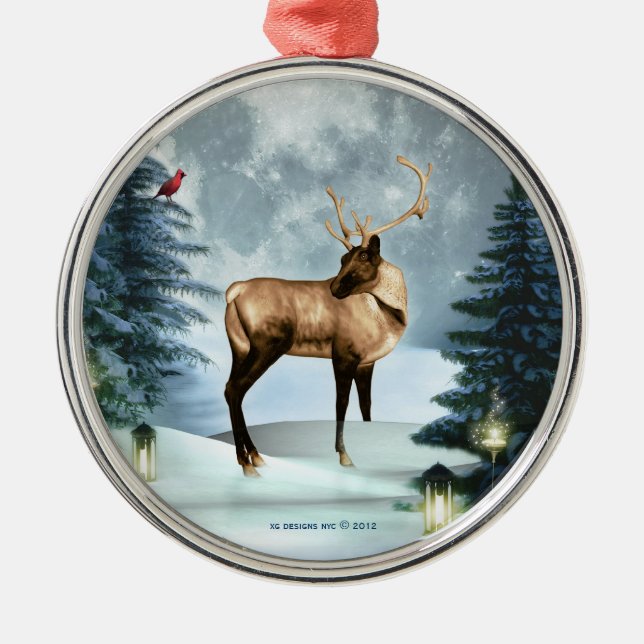Deer Winter Scene Squar Silver Ornament (Front)